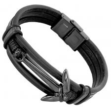 Black Leather Bracelet with Stainless Steel Anchor Accent- BLACK